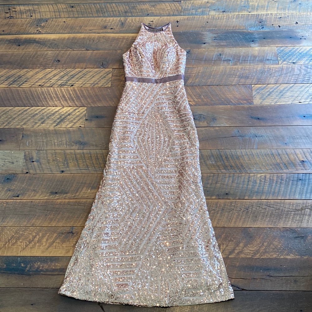 Lux Gal Rose Gold Sequin Long Dress